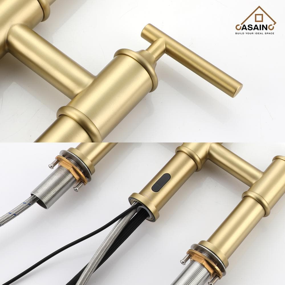 Brushed Gold Double Handle Pull-Out Spray Kitchen Faucet