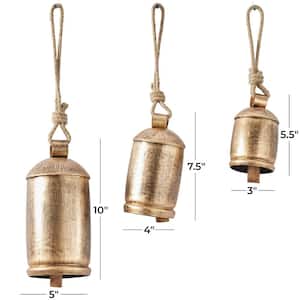 Gold Metal Tibetan Inspired Cylindrical Decorative Cow Bell with Jute Hanging Rope (3- Pack)