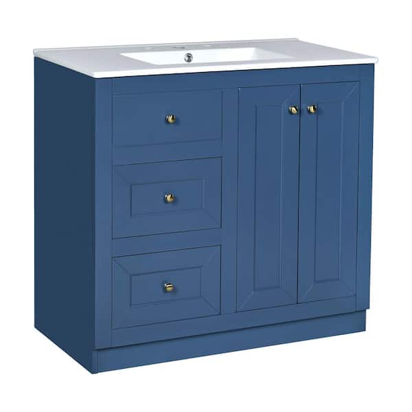 36 in. Single Sink Freestanding Blue Bath Vanity with White Ceramic Top, Ample Storage Space, Metal Handle