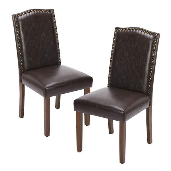 WONDER COMFORT Dark Brown Upholstered Leather Dining Chairs (Set of 2) with Nailhead Trim and Wood Legs for Living Room Kitchen
