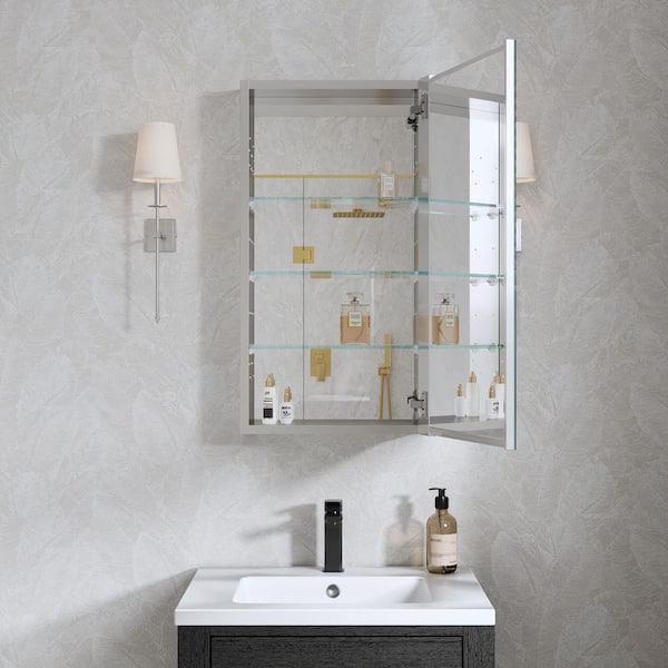 ROSA 16.01 in. W x 30 in. H Rectangular Aluminum Tri-View Medicine Cabinet with Mirror, Adjustable Shelves, Right Open