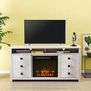 64 in. Freestanding Electric Fireplace TV Stand in Saw Cut-Off White