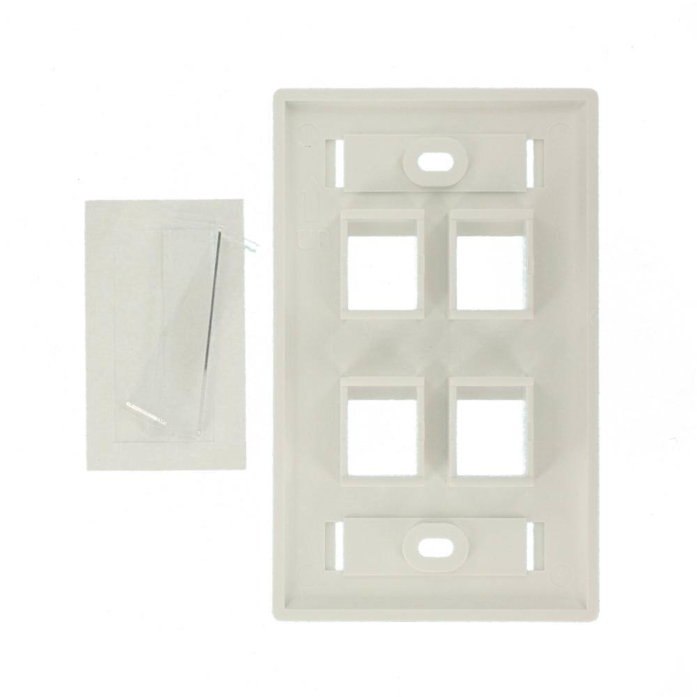White Plastic 4-Port Single Gang QuickPort Wallplate