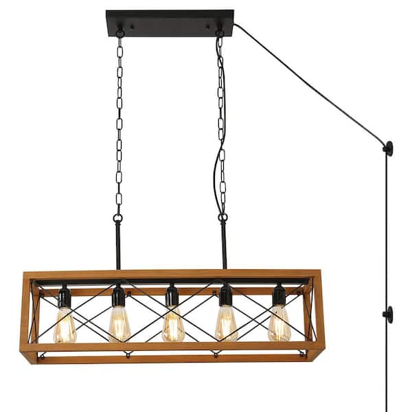 31.5 in. 5-Light Plug in Pendant Light with Wood Rectangle Shade, Adjustable Height Chandelier for Kitchen Island