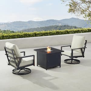 Black 3-Piece Aluminum Patio Fire Pit Set with 2-Club Chairs Light Grey Cushions