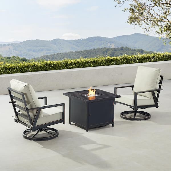 Oakland Living Black 3-Piece Aluminum Patio Fire Pit Set with 2-Club Chairs Light Grey Cushions
