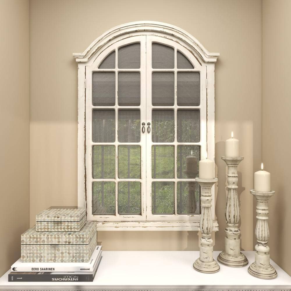 Cream Wood Windowpane Arched Wall Mirror with Distressed Finish