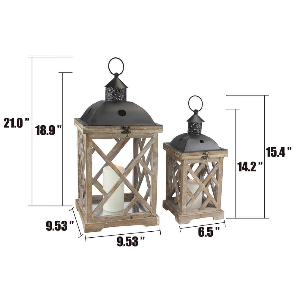 Rustic Wood and Metal Hurricane Candle Lantern Set