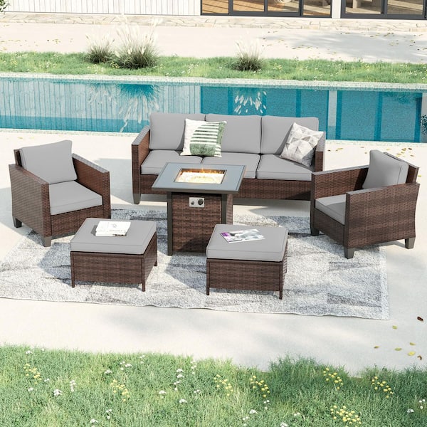 6-Pieces Patio Conversation Set with Square Fire Pit Table, Brown Wicker Wide Armrests Sofa with Gray Cushion
