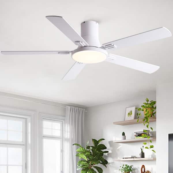 Thalion 52-in. Indoor/Outdoor Integrated LED Matte White Ceiling Fan with Remote Control and Flush Mount for Bedroom