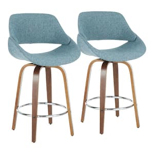 Fabrico 26 in. Walnut and Blue Fabric Counter Stool with Chrome Footrest (Set of 2)
