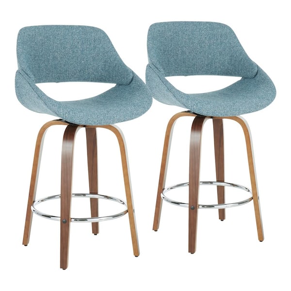Lumisource Fabrico 26 in. Walnut and Blue Fabric Counter Stool with Chrome Footrest (Set of 2)