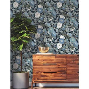 Vincent Poppies Indigo Multi-Colored Metallic Pre-pasted Paper Wallpaper 60.75 sq. ft