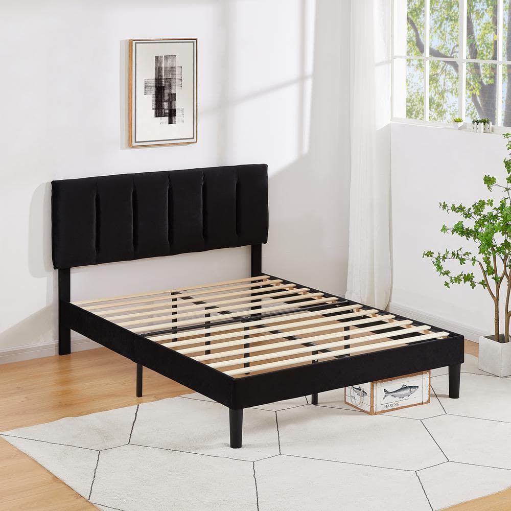 VECELO Upholstered Bed Frame Black Metal Frame Full Platform Bed With ...