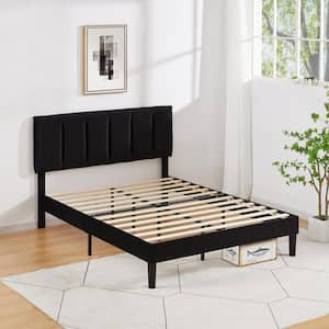 Upholstered Bed Frame Black Metal Frame Full Platform Bed with Adjustable Headboard Wood Slat No Box Spring Needed