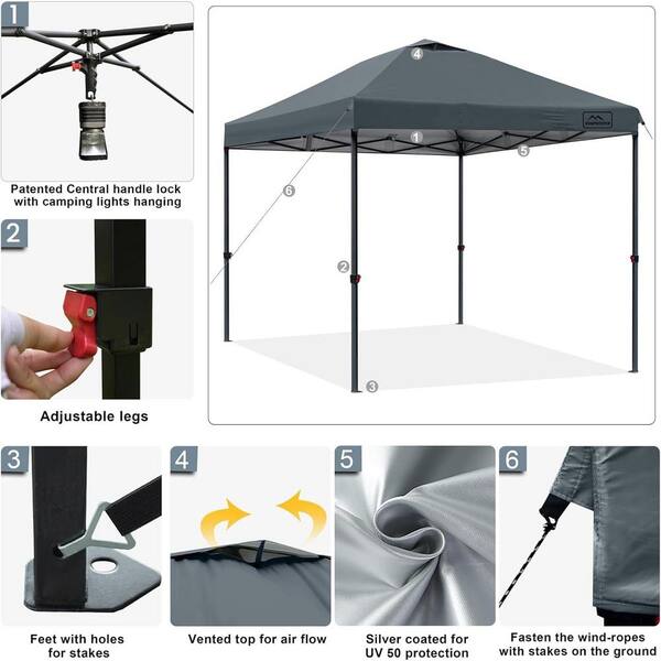 Unbranded - 10 ft. x 10 ft. Dark Gray Pop Up Canopy Tent with Central Push Handle, Adjustable Legs, Air Vent, Weight Bags, Stakes