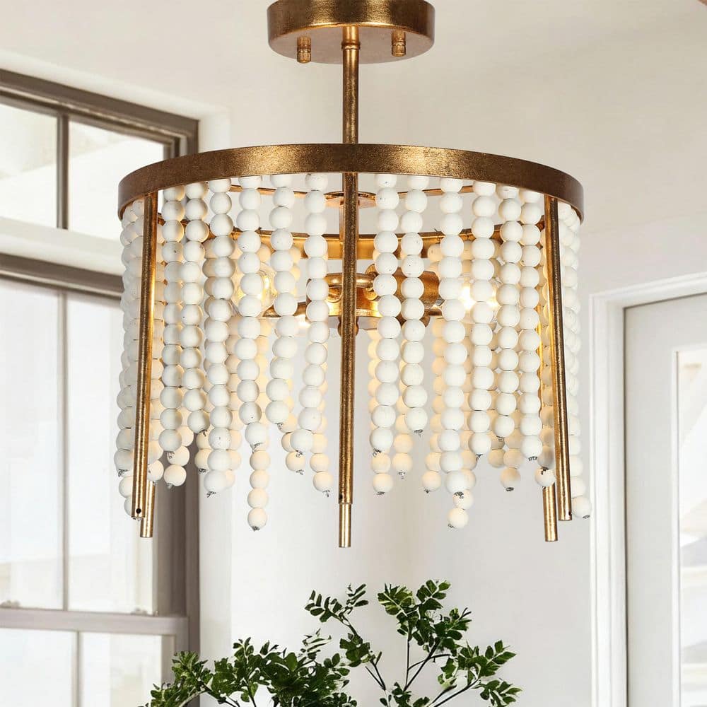 13 in. 3-Light Mid-century Modern Antique Gold Semi-Flush Mount Light with Weathered White Wood Beads for Foyer price history on PriceWatchPro