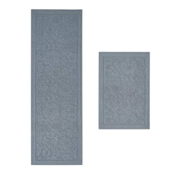 Rosemoor Blue 2 ft. X 6 ft. Floral Machine Washable 2-Piece Rug Set