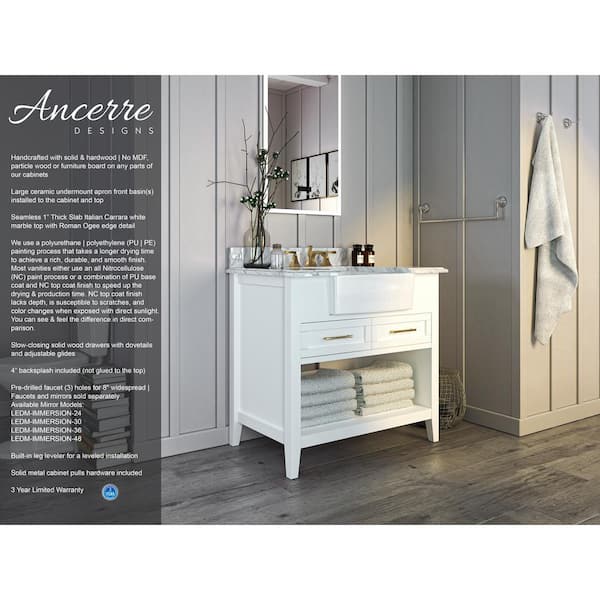 36 inch Single Solid Wood Bathroom Vanity Set, with Drawers, Carrara White Marble Top, 3 Faucet Hole, White, Size: Large