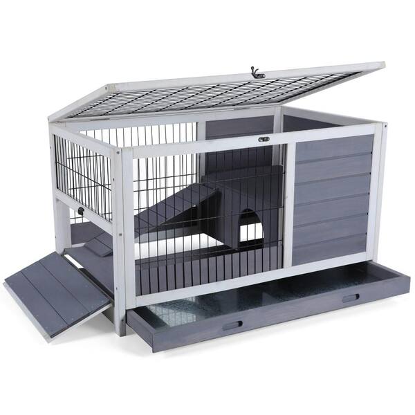 Tatayosi Grey Wooden Rabbit Hutch Leak Proof Design Guinea Pig House Small Animals Cage P