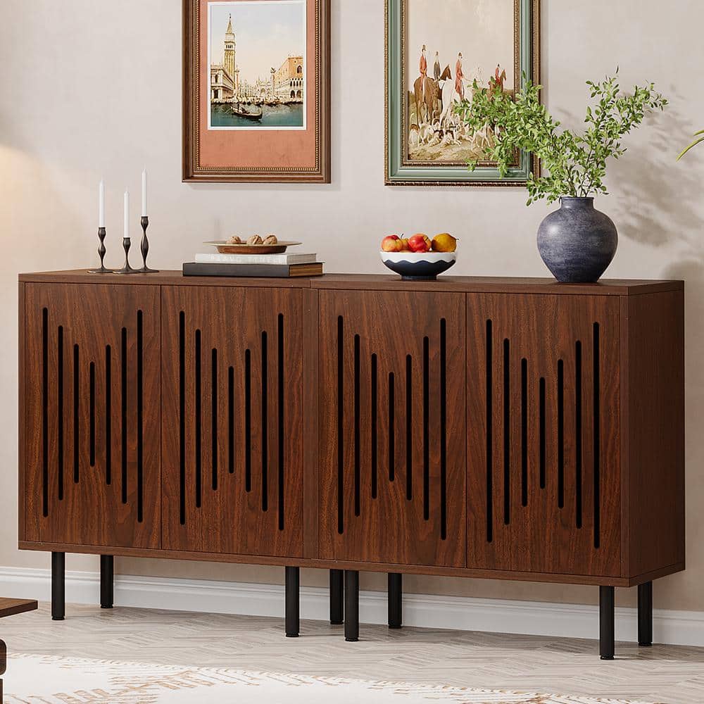 Brown Oak Wood 63'' Modern Sideboard Buffet Cabinet with Metal Legs