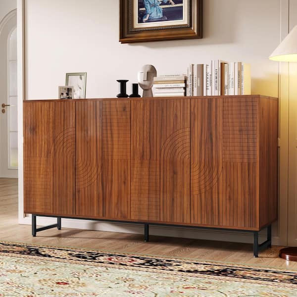 Premium Walnut Mid-Century Sideboard with Geometric Carved Doors