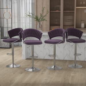 43.15 in. Purple Low Back Silver Metal Frame Adjustable Swivel Bar Stool with Velvet Seat (Set of 4)