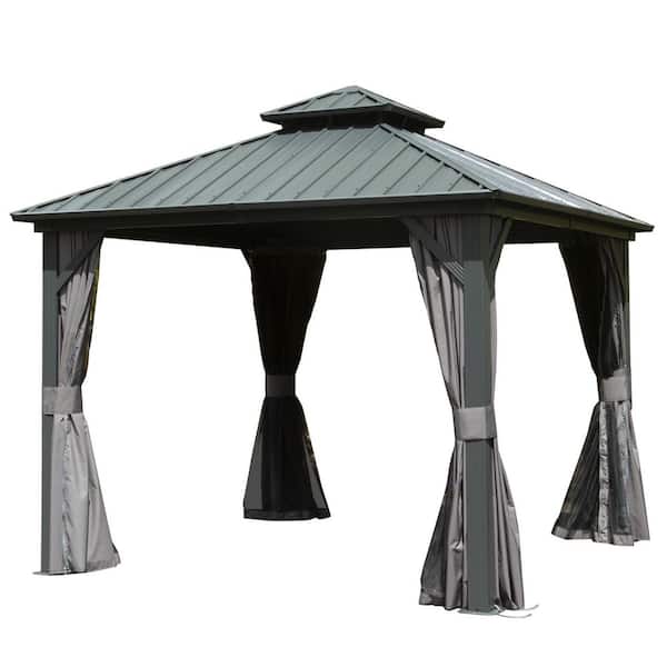 10 ft. x 10 ft. Gray Hardtop Gazebo, Aluminum Metal Gazebo with Galvanized Steel Double Roof Canopy, Curtain and Netting