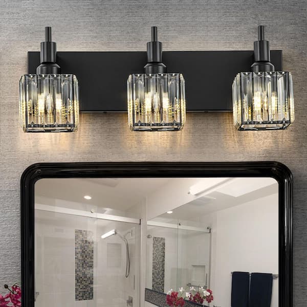 Orillia 19.7 in. 3-Light Modern Black Bathroom Vanity Light with Crystal Shades