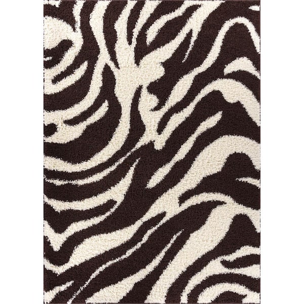 Madison Shag Safari Zebra Modern Animal Print Brown Thick Pile 7 ft. 10 in. x 9 ft. 10 in. Area Rug