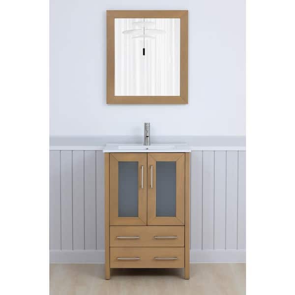 24 in. W x 18.1 in. D x 35.8 in. H Single Basin Natural Oak Bath Vanity with White Ceramic Top and Mirror