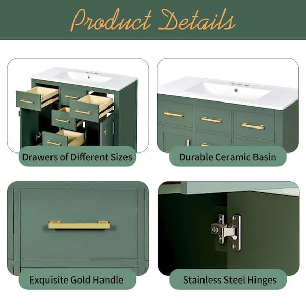 FAMYYT 36 in. Single Sink Freestanding Green Solid Wood Framed
