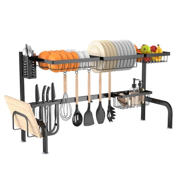 Costway 21 in. to 39 in. Over Sink Dish Drying Rack 2 Tier Adjustable Dish Rack with 8 Hooks