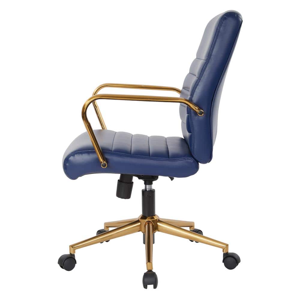 Baldwin Navy Faux Leather Mid-Back Swivel Chair with Gold Accents