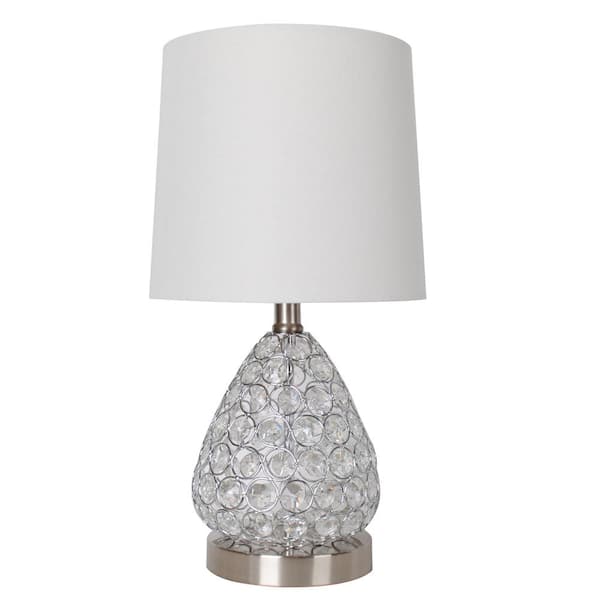 DSI 17 in. Clear Crystal and Brushed Steel Table Lamp with White Fabric Drum Shade