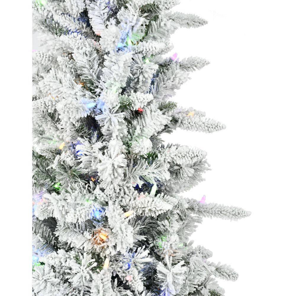 Slim Flocked 7.5-Foot Mountain Pine Christmas Tree with Multicolor LED Lights
