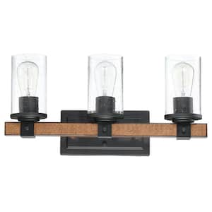 22.06 in. 3-Light Barn Wood Bathroom Vanity Light with Clear Glass Shades
