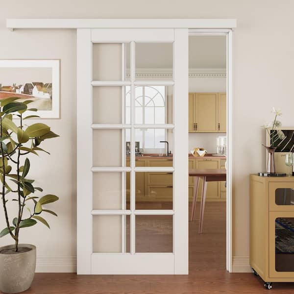 ARK DESIGN 36 in. x 80 in. Hidden Track Style 10-Lite Clear Glass White Primed MDF Sliding Barn Door with Hardware Kit