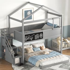 Gray Twin Over Full Wood House Bunk Bed with Blackboard and Storage Staircase