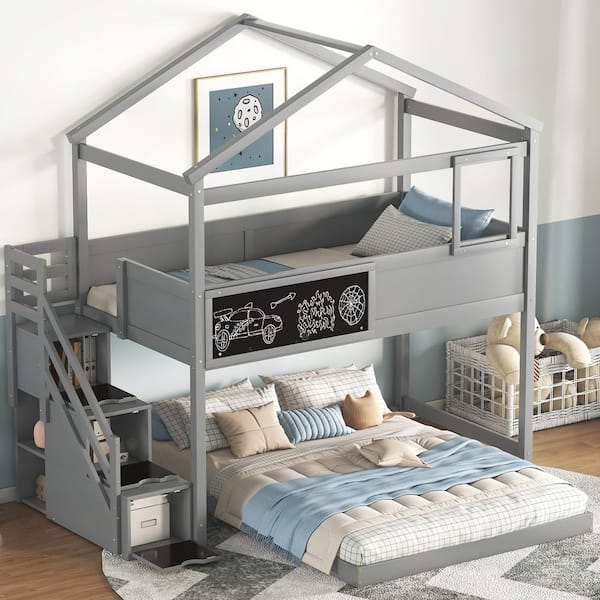 Harper & Bright Designs Gray Twin Over Full Wood House Bunk Bed with ...