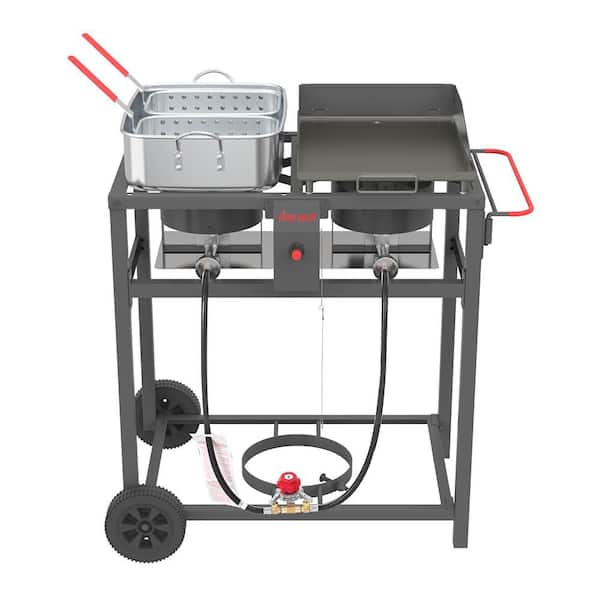 2-Burner Propane Grill in Black with Deep Fryer and Portable Griddle for Backyard BBQ, Camping and Tailgate