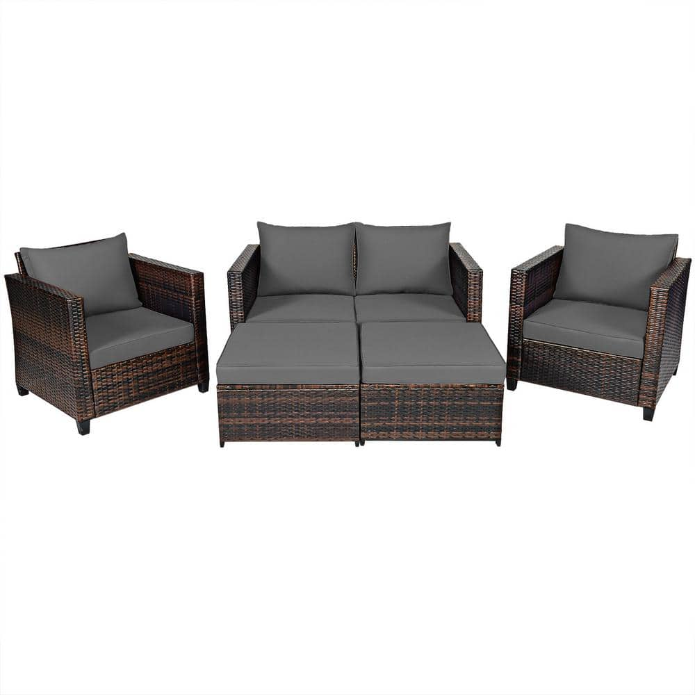 5-Piece Wicker Outdoor Sectional Set Patio Conversation Set with Removable Gray Cushions -  HONEY JOY, TOPB005131