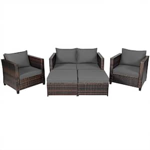 5-Piece Wicker Outdoor Sectional Set Patio Conversation Set with Removable Gray Cushions