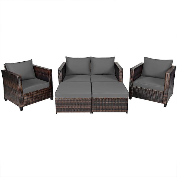 HONEY JOY 5-Piece Wicker Outdoor Sectional Set Patio Conversation Set with Removable Gray Cushions