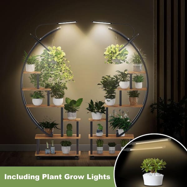 44 in. W x 13.8 in. D x 66.7 in. H Indoor/Outdoor Brown 6-Tier Tall Half Moon Shaped Metal Plant Stand with Grow Light