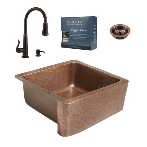 SINKOLOGY Monet Farmhouse Apron Front Copper All-in-One 25 in. Single Bowl Kitchen Sink with Pfister Ashfield Faucet and Strainer