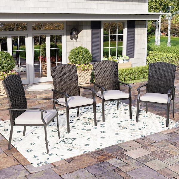 PHI VILLA Black Rattan Metal Patio Outdoor Dining Chair with Beige Cushion (4-Pack)