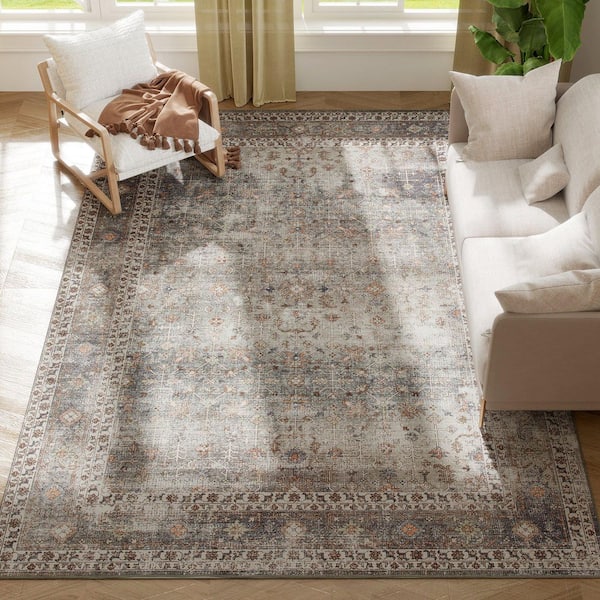 Area Rug 8 ft. x 10 ft. Machine Washable Rug Traditional Cover Rug for Living Room, Bedroom, Dining Room, Dark Mix-Brown