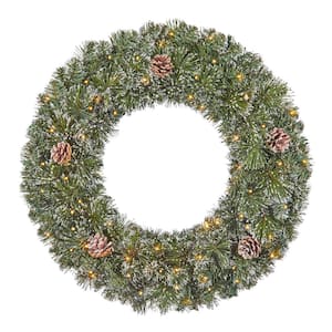 30 in. Pre-Lit LED Sparkling Amelia Pine Artificial Christmas Wreath with Flock, Glitter and Pinecones