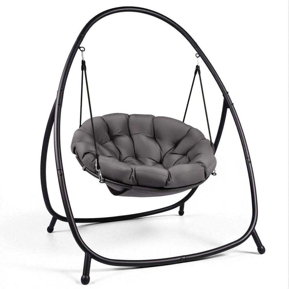 51.2 in. 1-Person Black Metal Patio Swing with Grey Cushions for Garden, Poolside, Backyard